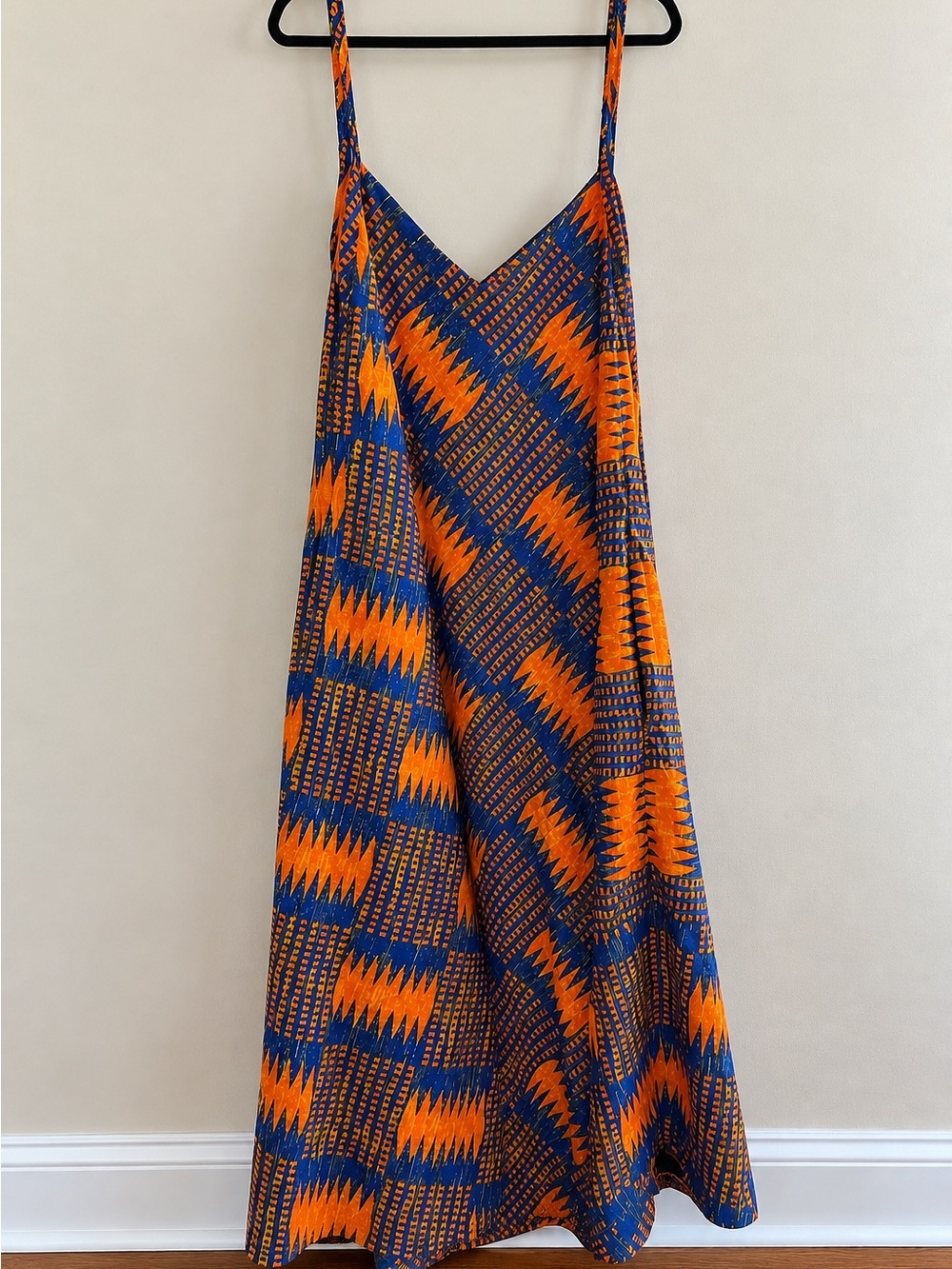 V-Neck Spaghetti Strap Maxi Dress in Orange & Blue